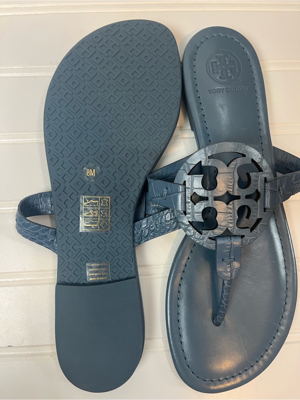 Tory Burch Miller Sandals Blue Croc Embossed Leather Logo Thong Size 8M - Picture 4 of 5
